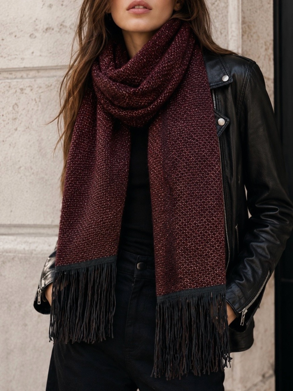 NWT The Kooples Oversized Burgundy Metallic Wool-Blend Scarf w/ Lambskin Fringe